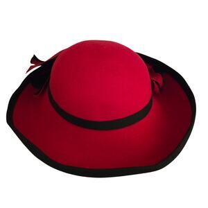 Vintage Adolfo II Red Hat with Black Outlines and Red and Black Bow 100% Wool